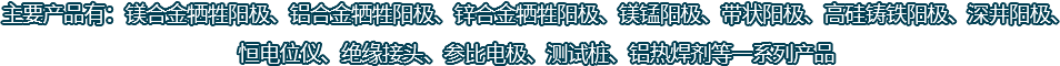 主要產(chǎn)品有：鎂合金犧牲陽(yáng)極、鋁合金犧牲陽(yáng)極、鋅合金犧牲陽(yáng)極、鎂錳陽(yáng)極、帶狀陽(yáng)極、高硅鑄鐵陽(yáng)極、深井陽(yáng)極、恒電位儀、絕緣接頭、參比電極、測(cè)試樁、鋁熱焊劑等一系列產(chǎn)品
